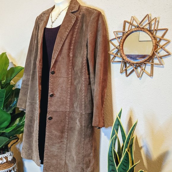 Vintage Genuine Suede Chico's Brown Trench Coat - Picture 1 of 12